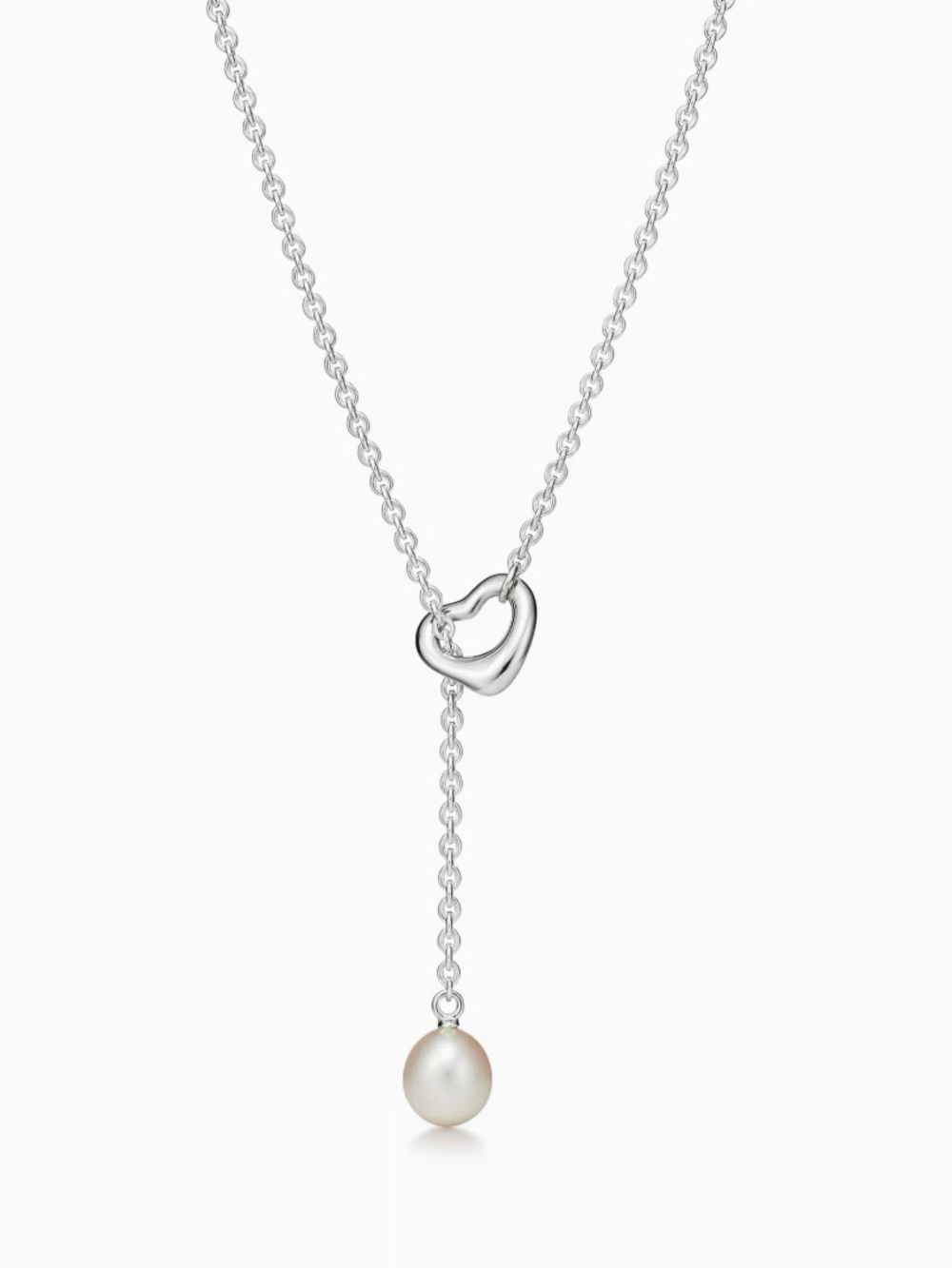 Excellent Like New Tiffany Silver Open Heart Lariat Necklace with White Pearl